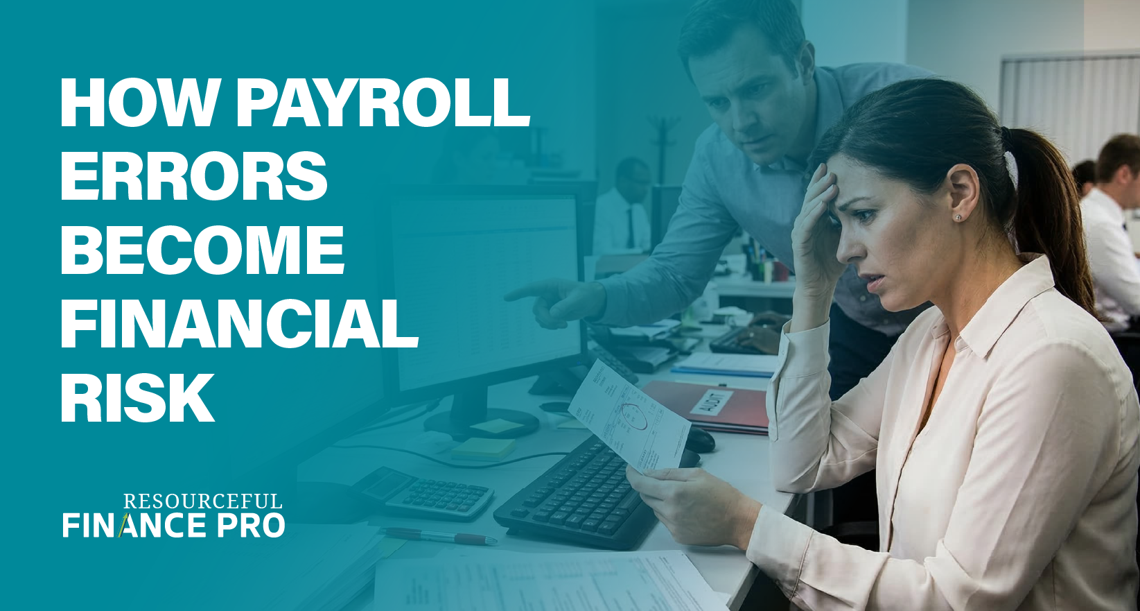 Resourceful Finance Pro blog banner illustrating how payroll errors become a financial risk, featuring an anxious finance team discovering mistakes on a document and computer monitor.