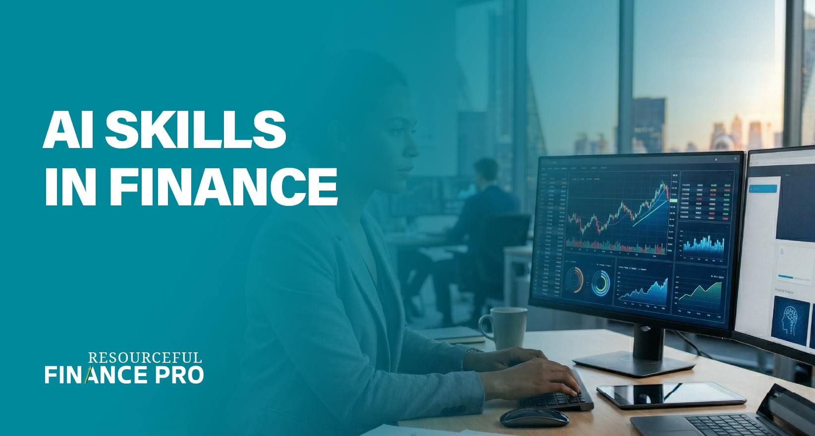 A Resourceful Finance Pro blog graphic with a teal gradient overlay titled "AI Skills in Finance." A finance professional in a modern office analyzes real-time market data and predictive analytics on dual monitors, representing the intersection of traditional financial expertise and artificial intelligence.