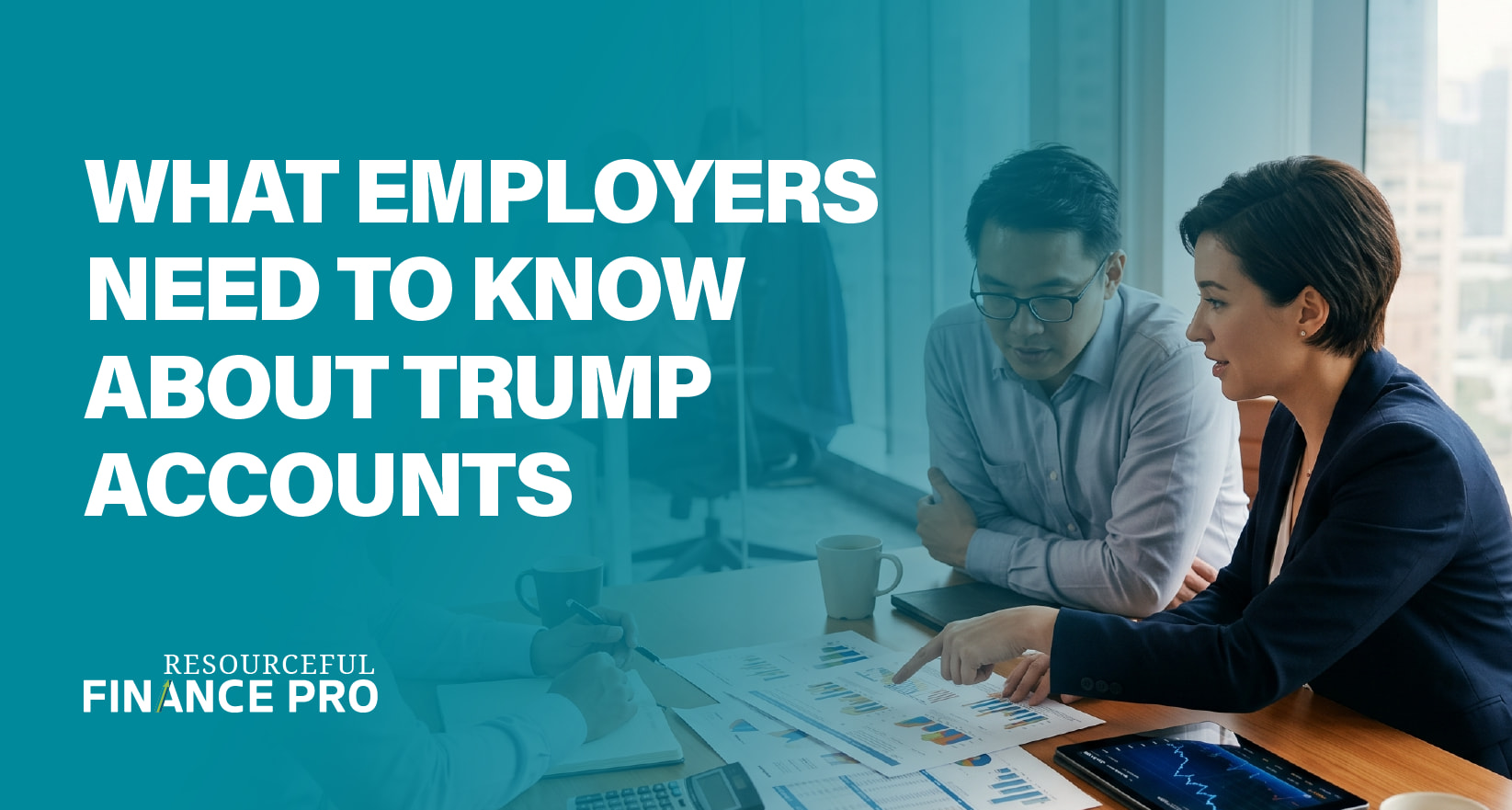 A Resourceful Finance Pro blog graphic with a teal gradient overlay titled "What Employers Need To Know About Trump Accounts." A realistic photograph shows a focused finance team in a meeting, scrutinizing data-rich charts and a digital tablet. This visually represents the collaborative and analytical effort required for businesses to navigate and stay compliant with evolving federal financial regulations and accounting standards.