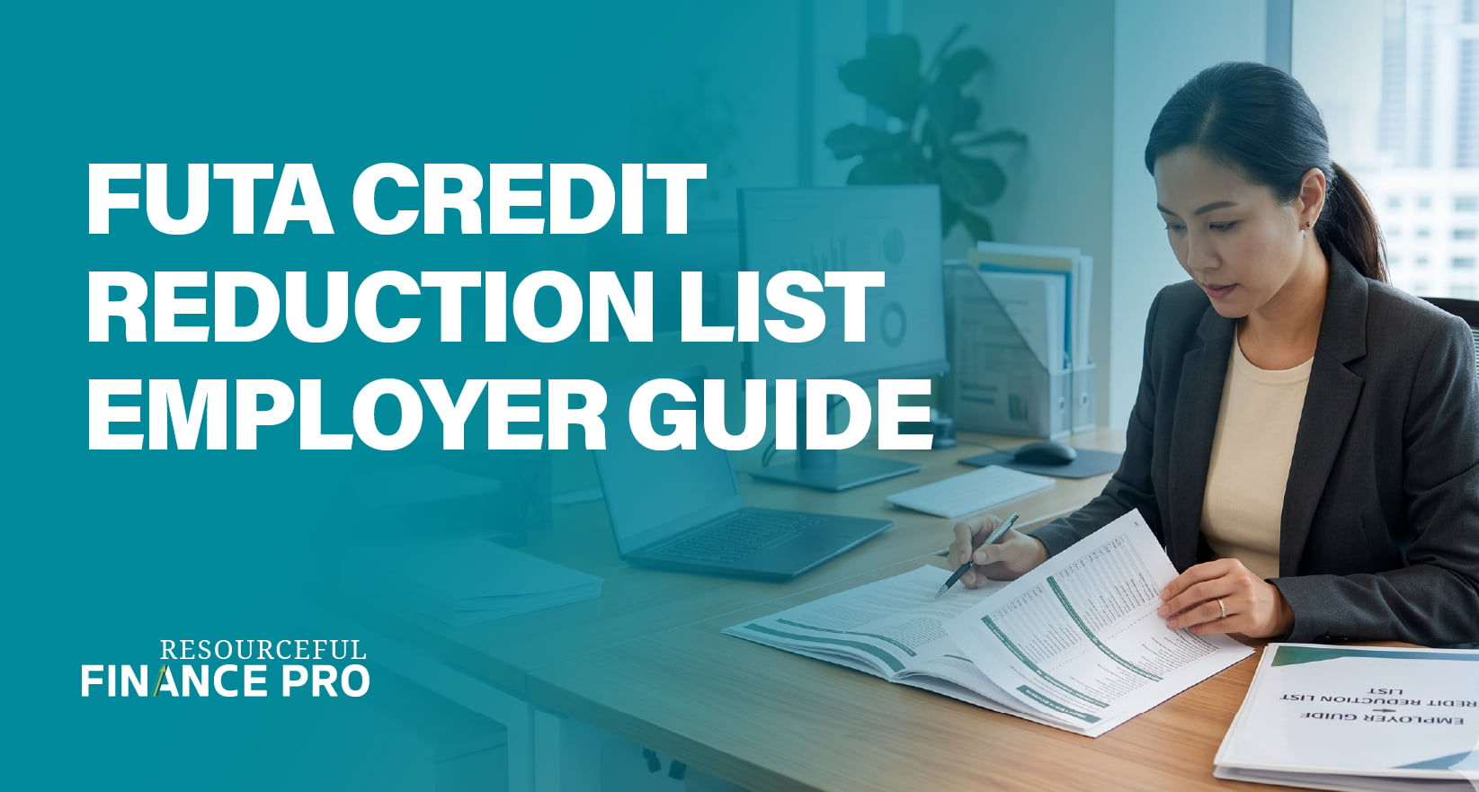 A Resourceful Finance Pro blog graphic with a teal gradient overlay titled "FUTA Credit Reduction List Employer Guide." A professional woman is shown meticulously reviewing paperwork in an office setting. This visually represents the analytical and compliance-driven nature of managing federal unemployment tax credits and identifying state-specific reductions for business tax planning.