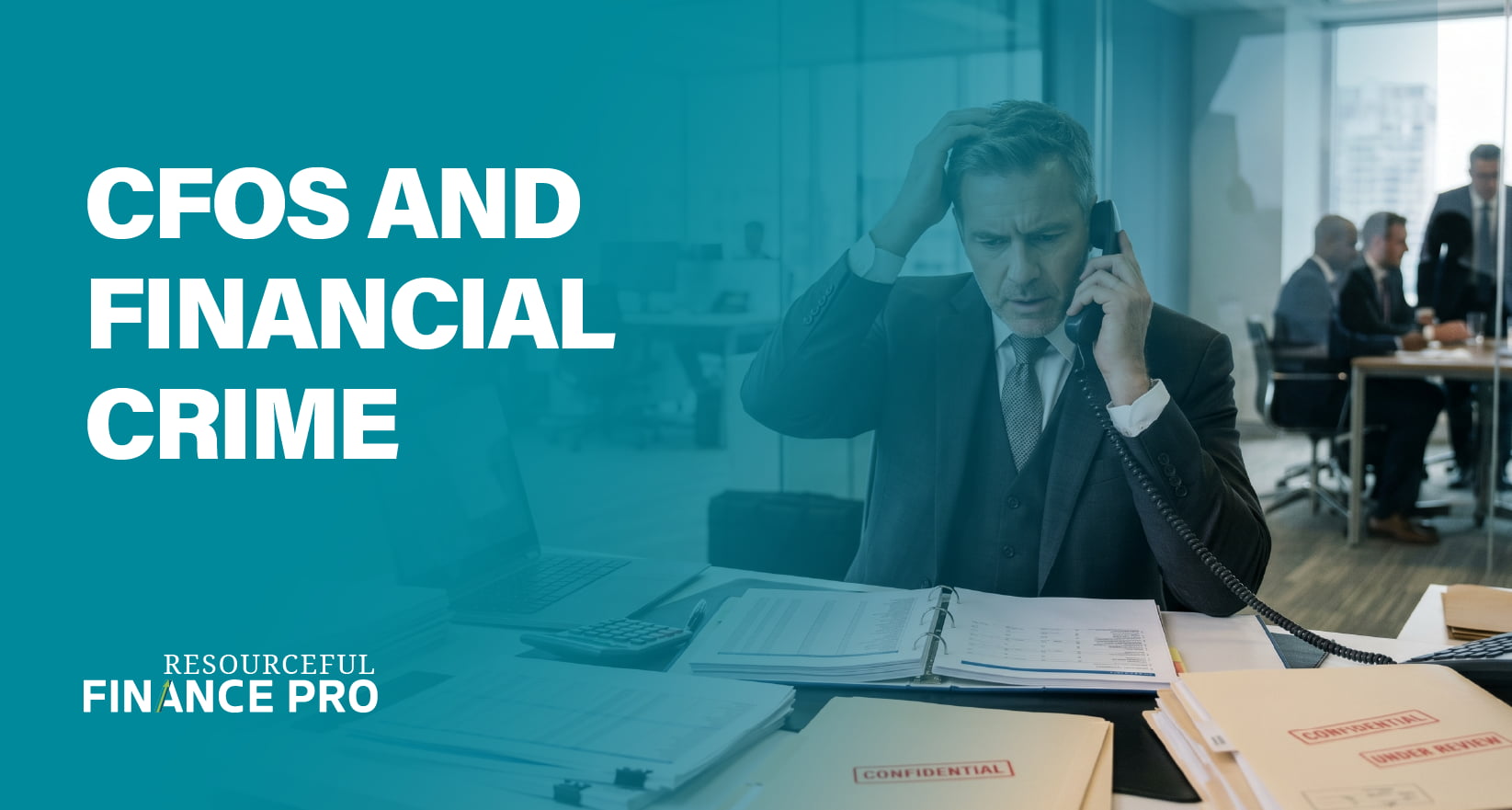 A Resourceful Finance Pro blog graphic with a teal gradient overlay titled "CFOS AND FINANCIAL CRIME." A realistic photograph depicts a distressed CFO on a landline phone, surrounded by sensitive documents and folders labeled "CONFIDENTIAL" and "UNDER REVIEW." This visually captures the high-pressure environment of uncovering financial discrepancies, managing corporate fraud investigations, and the critical role of executive oversight in maintaining fiscal integrity.