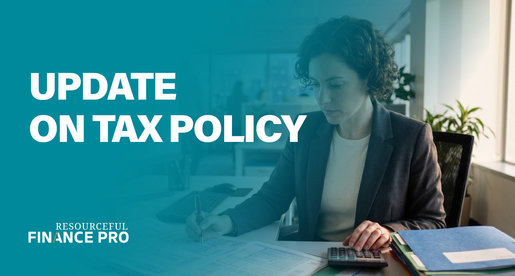 A Resourceful Finance Pro blog graphic with a teal gradient overlay titled "UPDATE ON TAX POLICY." A realistic photograph depicts a professional woman at her desk, intensely focused while using a calculator and taking notes on financial documents. This visually represents the diligent analysis and precision required for corporate tax planning and staying current with evolving tax legislative changes.