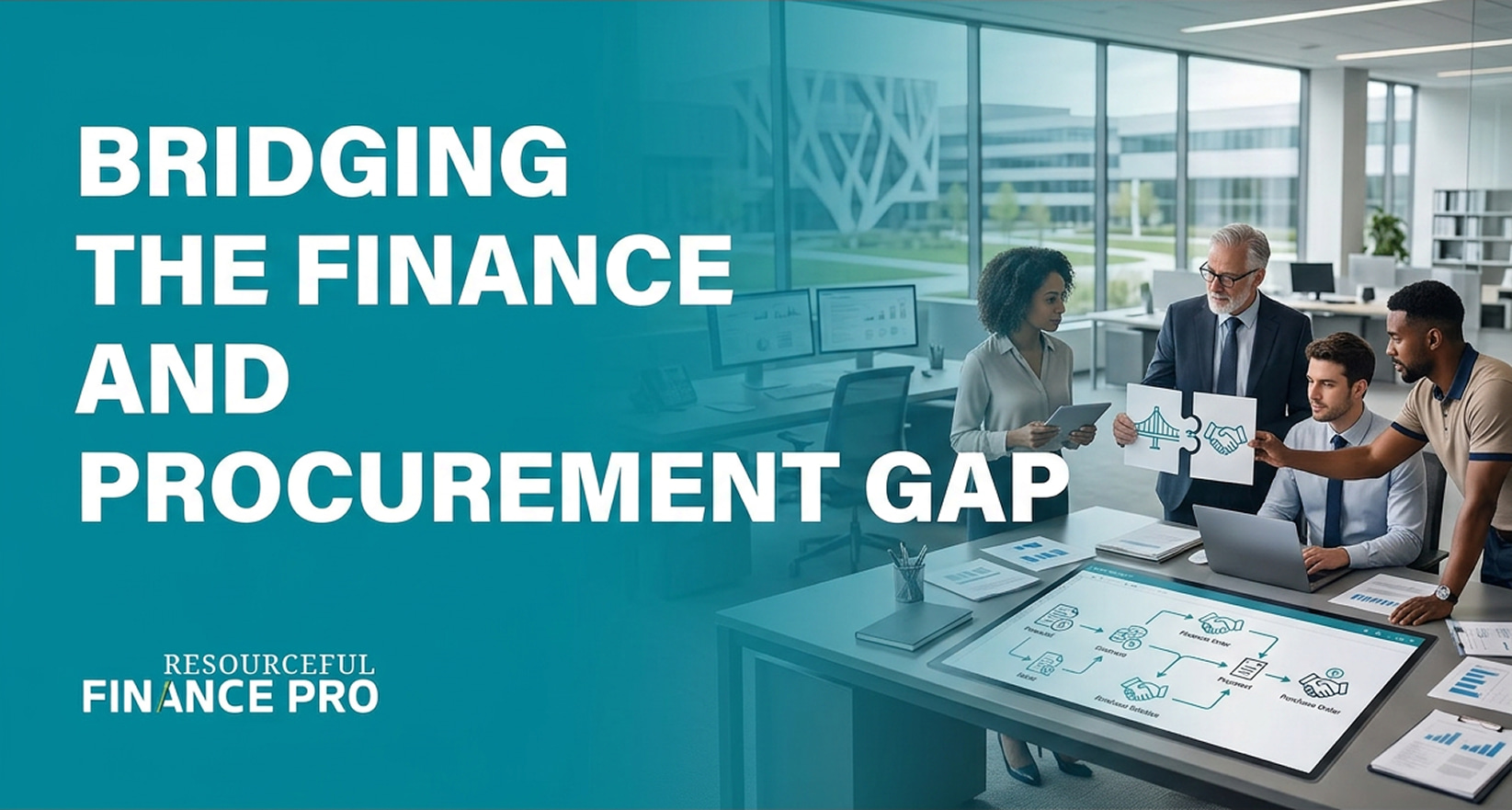 A professional promotional featured image for a Resourceful Finance Pro article titled "BRIDGING THE FINANCE AND PROCUREMENT GAP." Set against a teal gradient overlay, a corporate team collaborates around a high-tech meeting table. A senior professional connects two large puzzle pieces displaying a bridge and a handshake, symbolizing interdepartmental unity and partnership. On the desk, a digital drafting display maps out structured accounting and purchasing steps, visually anchoring the theme of operational efficiency and strategic corporate alignment.