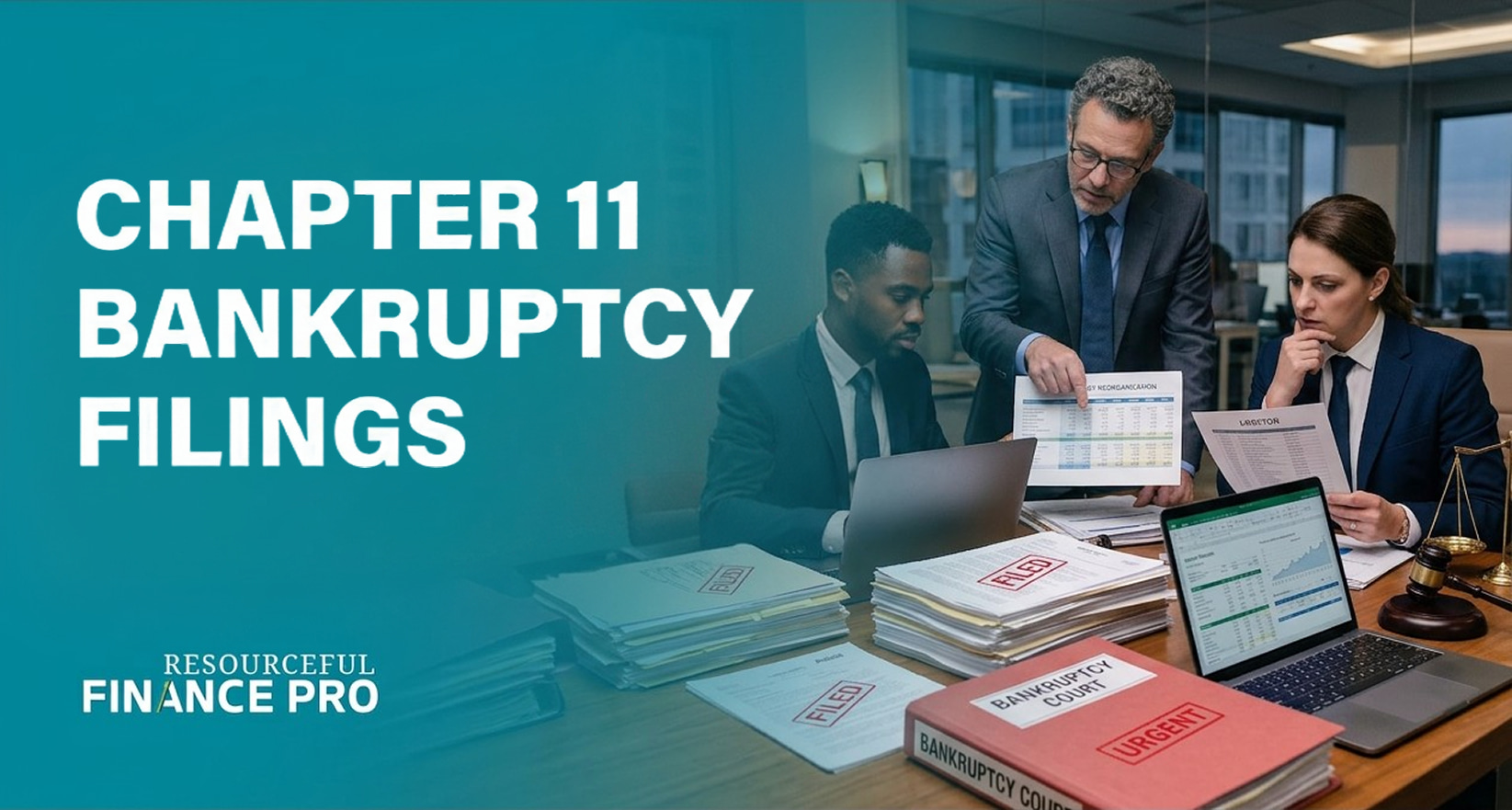 A professional promotional featured image for a Resourceful Finance Pro article titled "CHAPTER 11 BANKRUPTCY FILINGS." Overlaid on a deep teal gradient, the graphic showcases a corporate team analyzing restructuring plans in a modern office environment. A senior professional stands and points to a financial sheet, while his colleagues review physical case documents and an Excel dashboard on a laptop. The table is covered in relevant legal props, including piles of paperwork stamped "FILED," a scale of justice, a wooden gavel, and a large red folder labeled "BANKRUPTCY COURT" with an "URGENT" stamp, visually capturing the serious and complex nature of corporate restructuring.