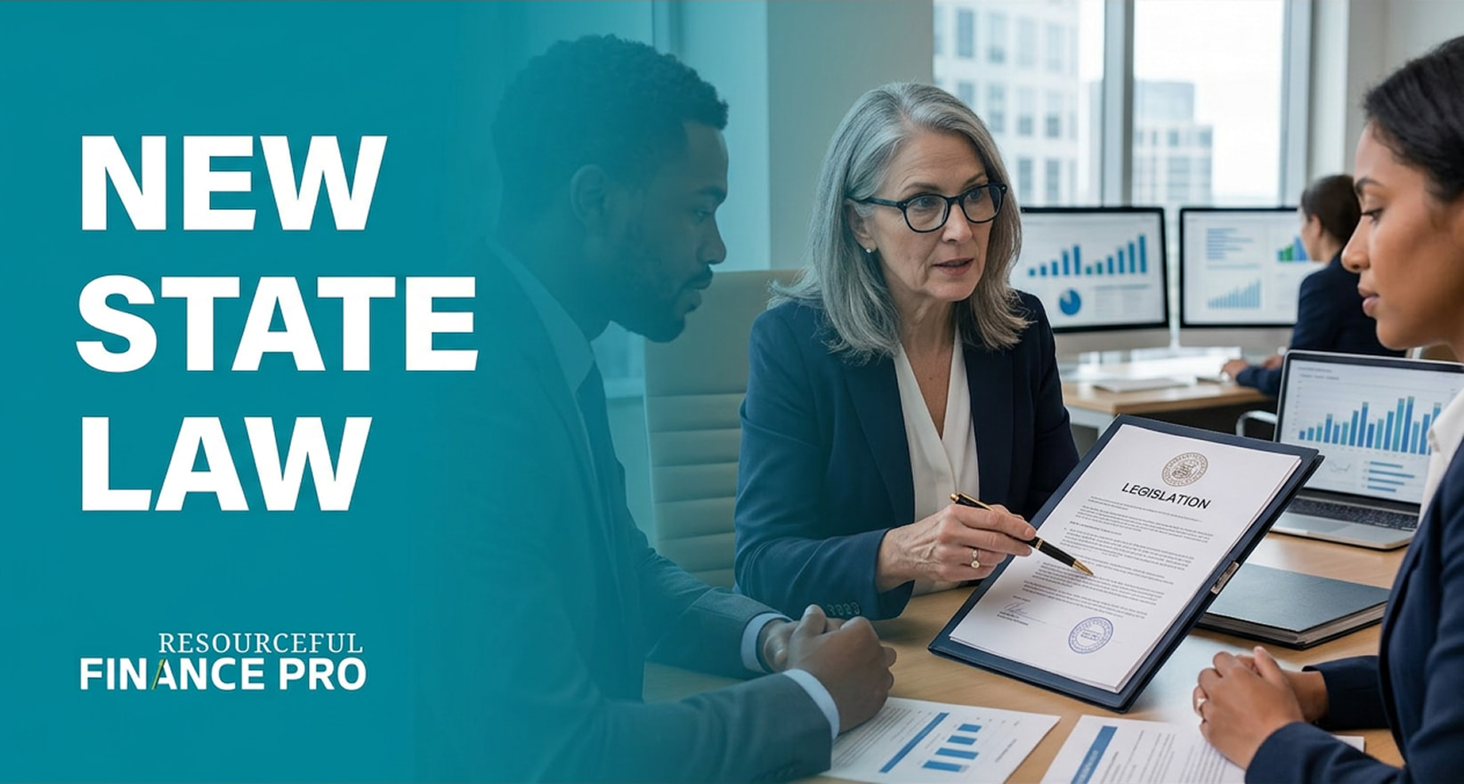A professional featured image for a Resourceful Finance Pro article titled "NEW STATE LAW." Overlaid on a dark teal gradient, the graphic showcases a corporate team analyzing regional regulatory adjustments in a bright office environment. A senior female executive with silver hair points her pen at a clipboard document labeled "LEGISLATION," which displays an official circular seal and a legal stamp. Her diverse colleagues sit at the desk reviewing data sheets and open laptops with financial charts, visually highlighting the strategic collaboration and careful scrutiny required to align corporate operations with changing state statutes.