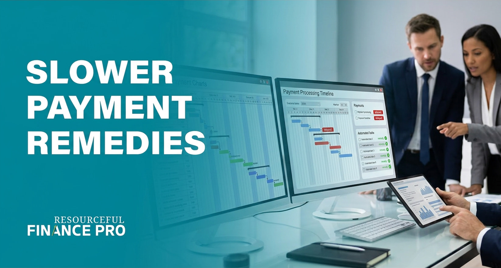 A professional promotional featured image for a Resourceful Finance Pro article titled "SLOWER PAYMENT REMEDIES." Overlaid on a deep teal gradient, the graphic showcases a corporate operations team analyzing accounting bottlenecks in a bright office space. Dual workspace monitors display analytical interfaces titled "Payment Processing Timeline" with color-coded tracking blocks and red alert tags indicating cash flow friction. In the foreground, an analyst cross-references the data on a tablet dashboard with a keyboard and notebook nearby, while colleagues look on and strategize, visually communicating a meticulous approach to correcting payment delays and establishing robust automated collection solutions.