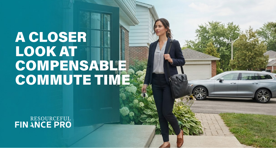 Professional leaving home with a laptop bag for a mid-day commute to the office, illustrating compensable commute time rules for payroll.