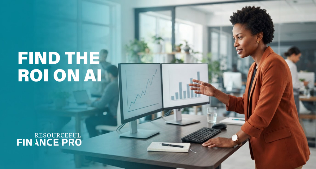Finance professional linking a rising AI cost chart to a business results chart on two monitors, finding the ROI on AI spend.