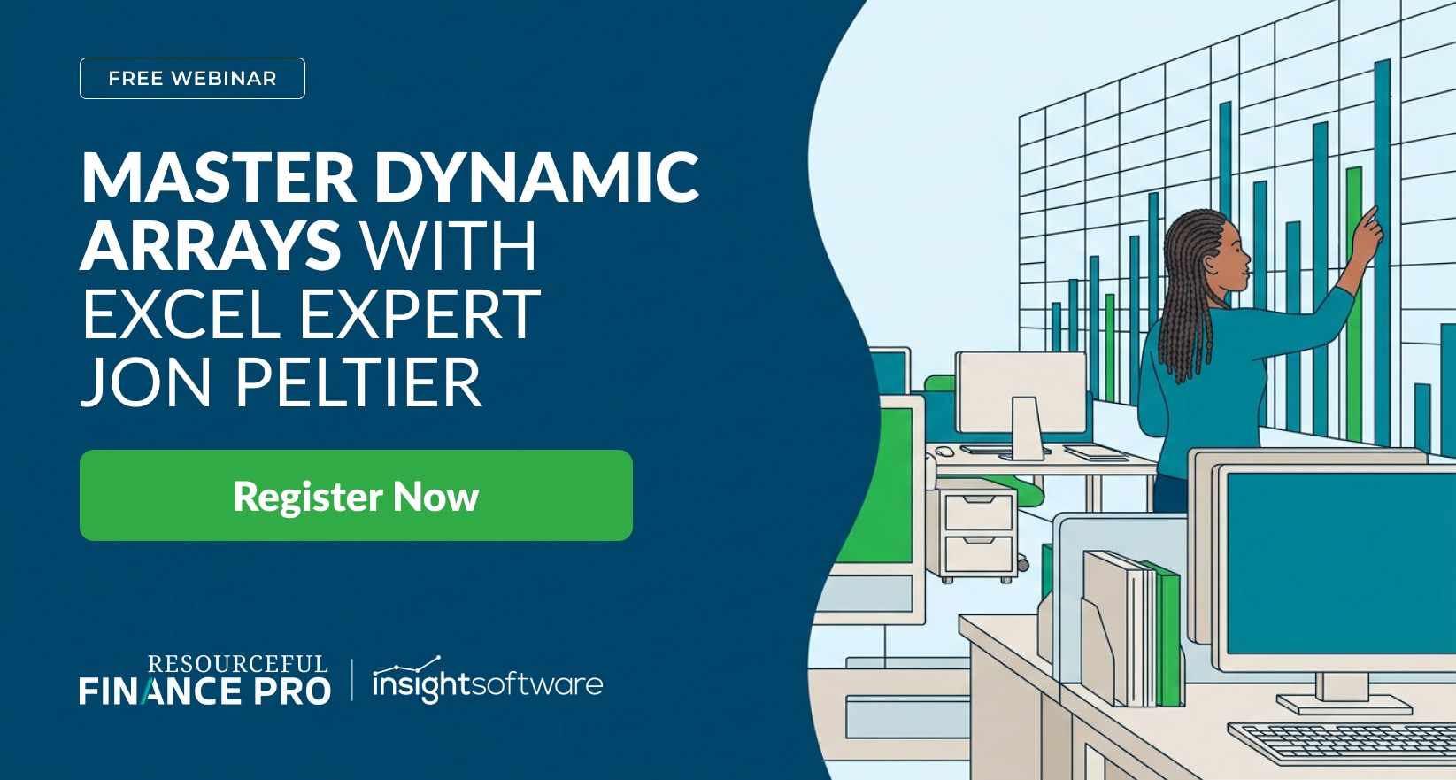 Resourceful Finance Pro and insightsoftware webinar banner: Master Dynamic Arrays with Excel expert Jon Peltier, analyst charting data.