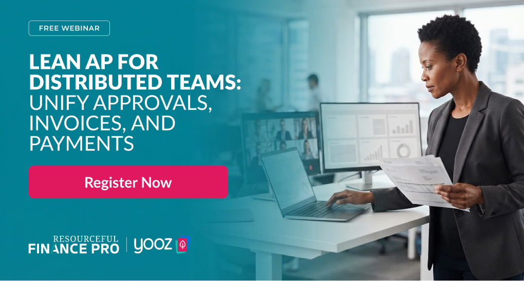 Accounts payable manager reviews paper invoices at a laptop beside a remote-team video call — lean AP for distributed teams.