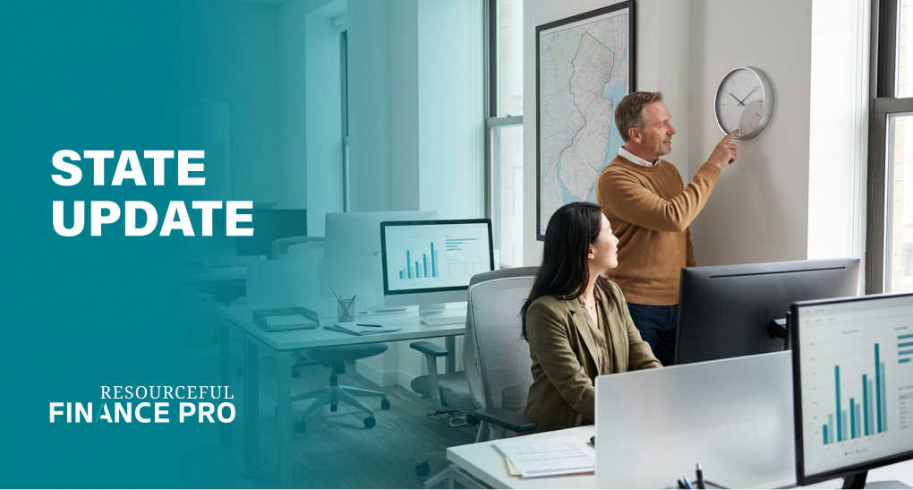 Payroll manager and colleague check a clock beside a framed New Jersey map — New Jersey employee separation reporting deadline.
