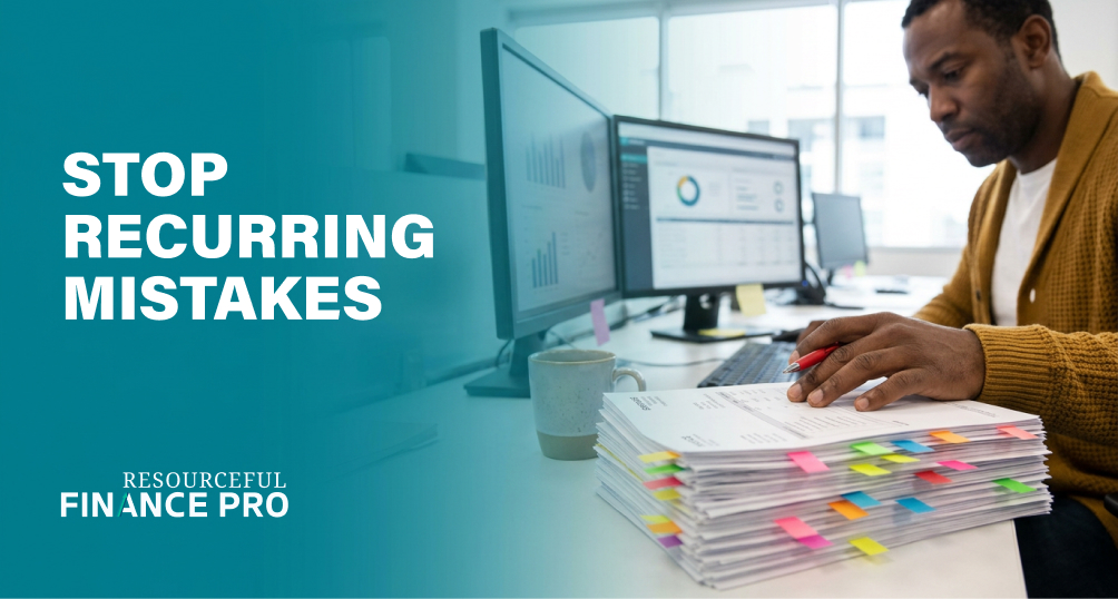 Finance manager with red pen over a stack of flagged expense forms and invoices, illustrating recurring finance mistakes.