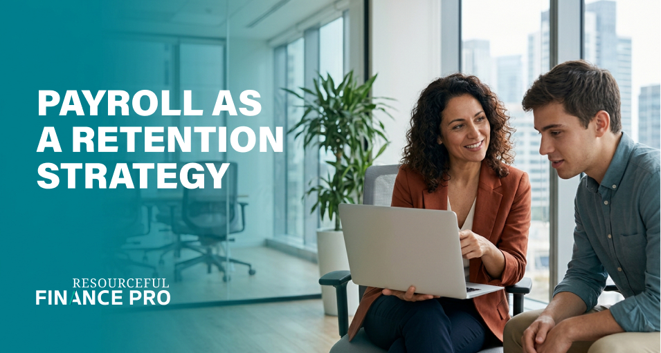 Payroll manager showing an employee the full value of his pay and benefits on a laptop, illustrating payroll as a retention strategy.