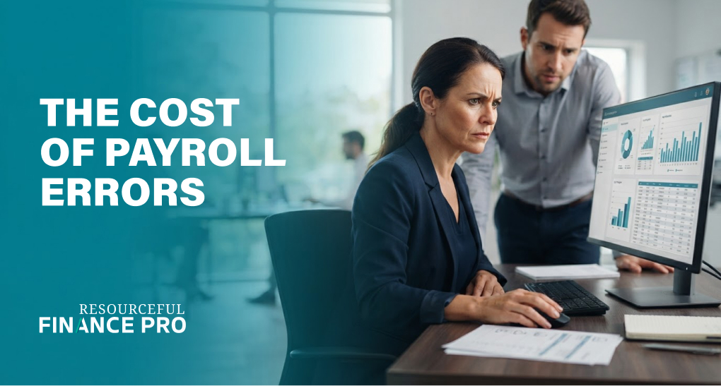 Payroll manager and colleague reviewing a payroll register on a monitor, illustrating the cost of payroll errors