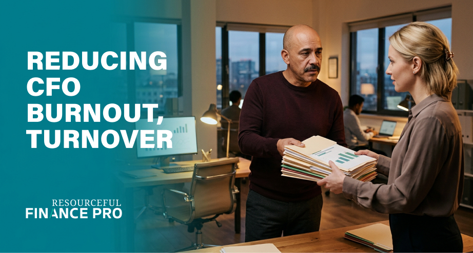 A finance chief hands half a stack of report folders to a colleague in an evening office, illustrating CFO burnout and turnover.