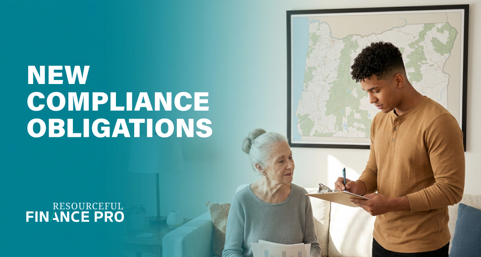 A home care aide fills in a visit schedule beside a seated client under an Oregon wall map, new home care wage and hour rules.