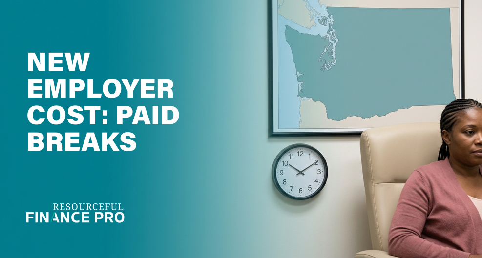A workplace lactation room with a nursing chair, wall clock and an unlabelled Washington state map, new paid lactation break rules.