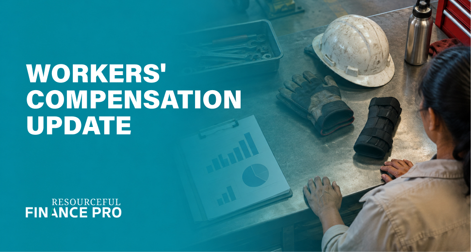 Safety manager at a workbench with a hard hat, work gloves and a wrist brace, illustrating a workers' compensation update