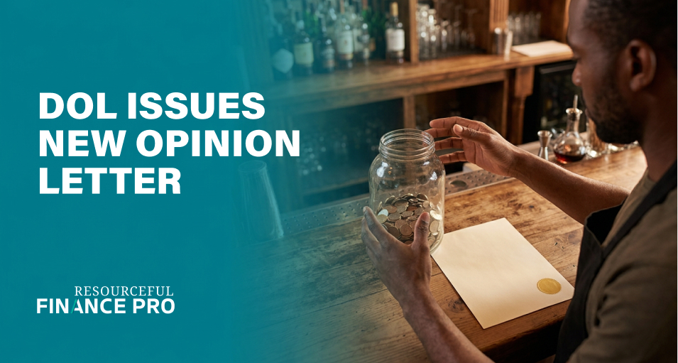 Bar supervisor's hands draw back from a coin tip jar beside a gold-sealed letter — FLSA limits on supervisor tip retention.