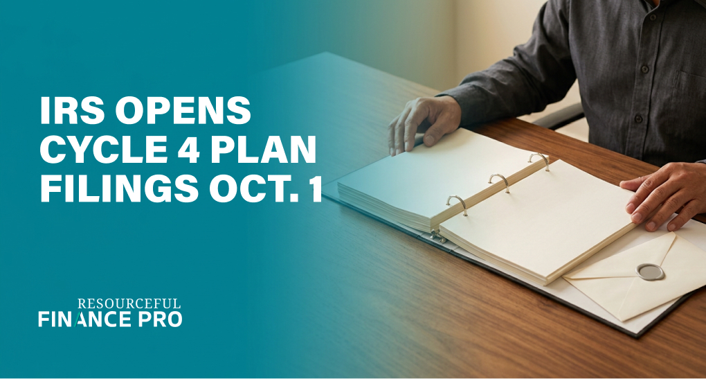 Hands open a thick binder of blank plan pages beside a sealed envelope — IRS Cycle 4 pre-approved retirement plan filings.