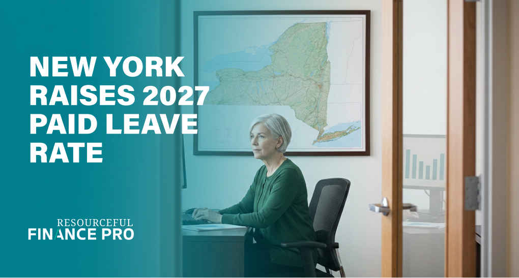 Payroll manager at her desk beneath a framed New York State map, seen through a doorway — 2027 paid family leave rate and cap.