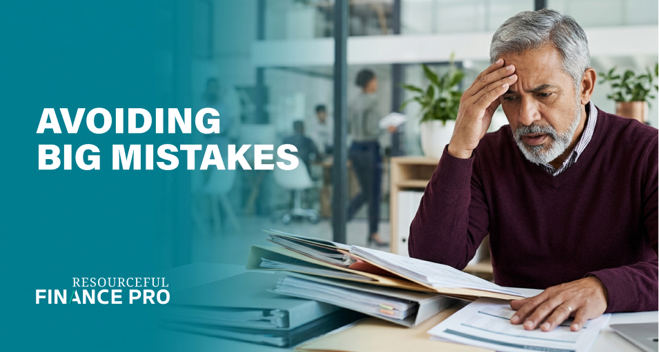 Finance leader realizes a costly error as folders spill across his desk, on avoiding big mistakes