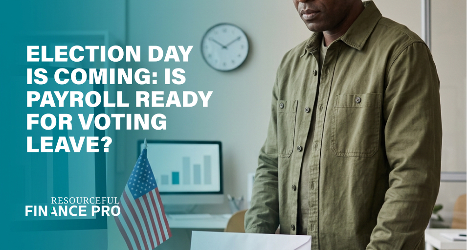 Payroll manager at his desk beside a small US flag and a sealed ballot envelope, preparing payroll for Election Day voting leave