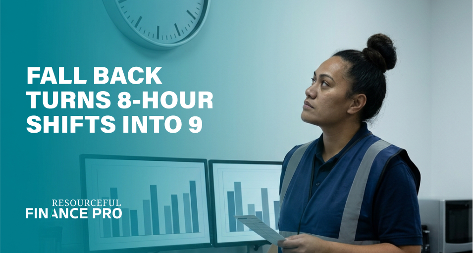 Night-shift worker looks up at a wall clock holding a timecard, illustrating how daylight saving fall back adds an hour to shifts