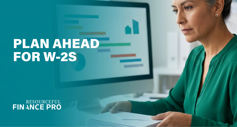 Payroll manager organizing a stack of envelopes at her desk while reviewing a schedule on screen, planning ahead for 2026 W-2s