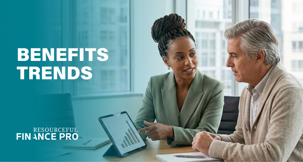 Benefits advisor showing an employee a rising chart on a tablet in a meeting room, employee benefits trends this year